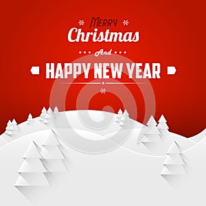 Merry Christmas and Happy New Year Landscape Greeting Card. Retro Font.