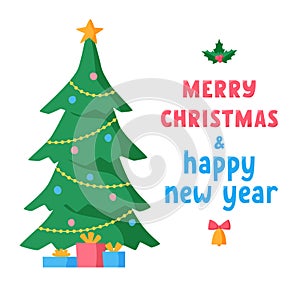 Merry Christmas and Happy New Year lettering with decorated Christmas tree and gifts. Greeting text for winter holidays