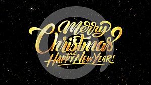 Merry Christmas and Happy New Year lettering Greeting card golden invitation.