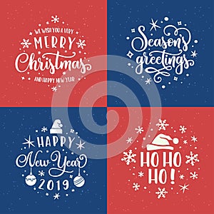 Merry Christmas and Happy New Year lettering template set. Vector vintage illustration.