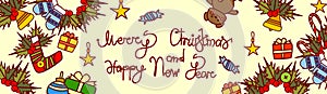 Merry Christmas And Happy New Year Lettering Text Design On Holiday Decorations Background Hand Drawn Style Horizontal