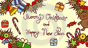 Merry Christmas And Happy New Year Lettering Text Design On Holiday Decorations Background Hand Drawn Style Horizontal