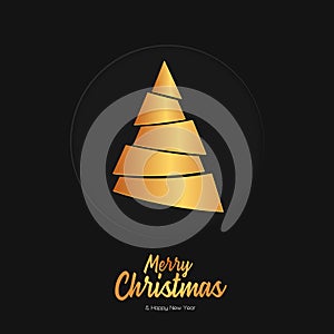 Merry Christmas and Happy New Year lettering vector illustration with Christmas Tree on black background paper art dark style