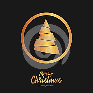 Merry Christmas and Happy New Year lettering vector illustration with Christmas Tree on black background paper art dark style