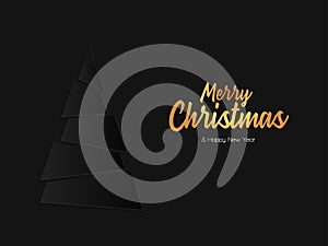 Merry Christmas and Happy New Year lettering vector illustration with Christmas Tree on black background paper art  style