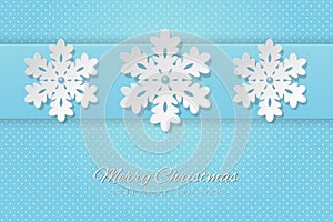 Merry Christmas and Happy New Year lettering vector illustration with snowflake on blue background