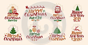 Merry Christmas and Happy New Year, lettering. Xmas, yuletide, holiday label set or icons. Calligraphy vector