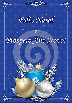 Merry Christmas and Happy New Year - light blue greeting card with Portuguese text
