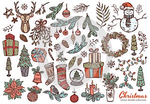 Merry Christmas and Happy New Year linear doodl set with vector sketch holiday elements