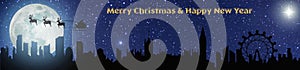 A Merry Christmas & Happy New Year London night time scene extra wide banner