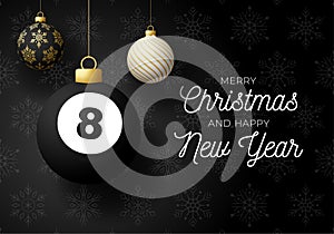 Merry Christmas and Happy New Year luxury Sports greeting card. Billiard ball as a Christmas ball on black background. Vector