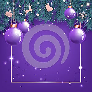 Merry Christmas and Happy New Year magic purple background, elements decorate hanging with square frame celebration holiday