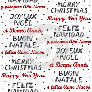Merry Christmas and Happy New Year multilingual seamless pattern on white