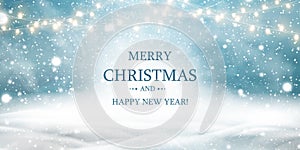 Merry Christmas. Happy new year. Natural Winter Christmas background with blue sky, heavy snowfall, snow, snowy light