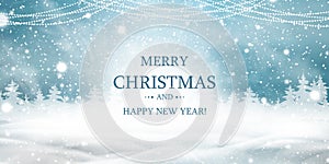 Merry Christmas. Happy new year. Natural Winter Christmas background with blue sky, heavy snowfall, snow, snowy