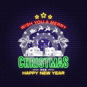 Merry Christmas and Happy New Year neon sign with angels, santa claus in sleigh with deer and christmas gifts. Vector