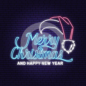 Merry Christmas and Happy New Year neon sign with Santa Claus winter hat. Vector Vintage typography design for xmas, new