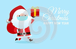 Merry Christmas and happy new year for new normal lifestyle concept and social distancing with cute Santa Claus with gift, cartoon