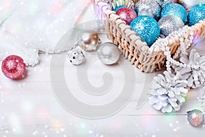 Merry Christmas and Happy New Year. A New Year`s background with New Year decorations.New Year`s card.