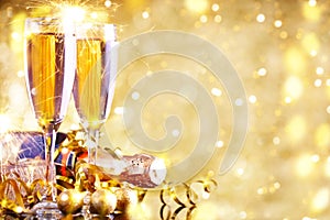 Merry Christmas and Happy New Year. A New Year`s background with New Year decorations.New Year`s card.