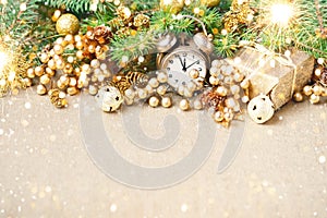 Merry Christmas and Happy New Year. A New Year`s background with New Year decorations.New Year`s card.