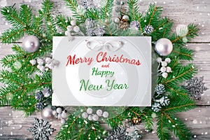 Merry Christmas and Happy New Year. A New Year`s background with New Year decorations.New Year`s card.