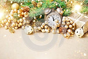 Merry Christmas and Happy New Year. A New Year`s background with New Year decorations.New Year`s card.