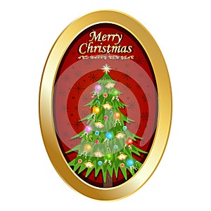 Merry christmas and happy new year with oval frame, christmas tree and ornament