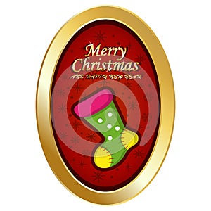 Merry christmas and happy new year with oval frame, red background and socks