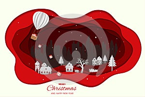 Merry Christmas and happy new year on paper art red background,design for holiday,celebration party on greeting card