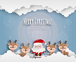 Merry Christmas and Happy new year Paper cut style Santa Claus and reindeer on sky banner template Xmas holiday party concept