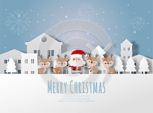Merry Christmas and Happy new year Paper cut style Santa Claus and reindeer in the village banner template Xmas holiday party