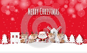 Merry Christmas and Happy new year Paper cut style Santa Claus and reindeer in the village banner template Xmas holiday party