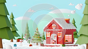 Christmas Party with Santa Claus and Snowman at the red house in a pine forest, 3d rendering