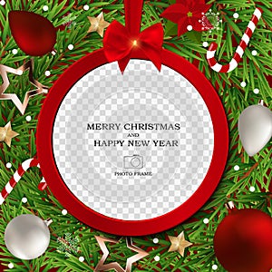 Merry Christmas and Happy New Year Photo Frame Template. Vector Illustration