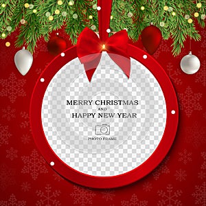 Merry Christmas and Happy New Year Photo Frame Template. Vector Illustration