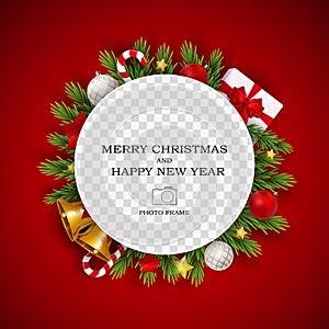 Merry Christmas and Happy New Year Photo Frame Template. Vector Illustration