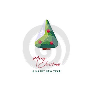 Merry Christmas and Happy New Year pine tree. Christmas greeting card in flat style