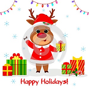 Merry Christmas and Happy New Year postcard 2020. A cute reindeer in a Santa costume holds a box with a gift on a background of