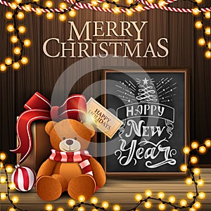 Merry Christmas and happy New Year, postcard with cozy interior with wooden wall, garland, chalk board with beautiful greeting