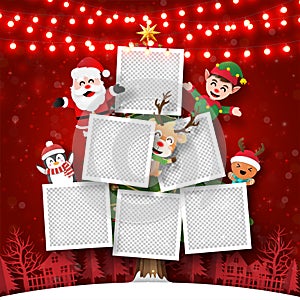 Merry Christmas and Happy New Year, Christmas postcard of photo frame on Christmas tree with Santa Claus and friends, Paper art