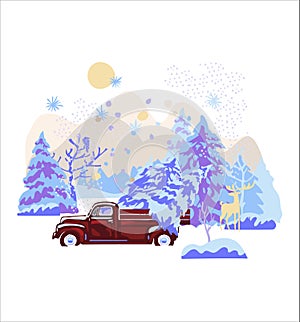 Merry Christmas and Happy New Year Postcard, Poster, Flyer, Banner template. Retro pickup truck with christmas tree