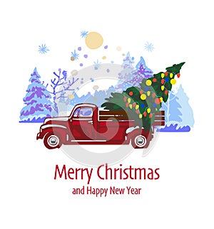 Merry Christmas and Happy New Year Postcard, Poster, Flyer, Banner template. Retro red pickup truck with christmas tree