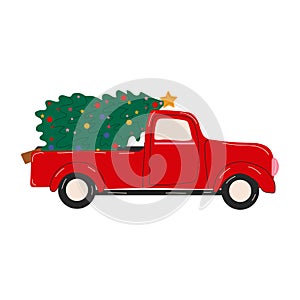 Merry Christmas and Happy New Year Postcard or Poster or Flyer template with pickup truck with christmas tree.