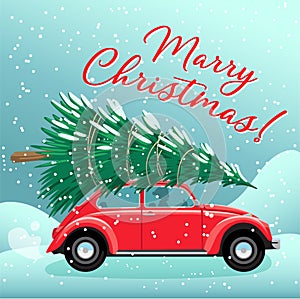 Merry Christmas and Happy New Year Postcard or Poster or Flyer template with red retro car christmas tree on roof