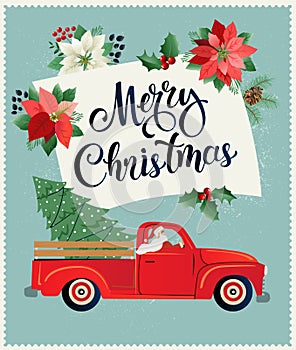 Merry Christmas and Happy New Year Postcard or Poster or Flyer template with retro pickup truck with christmas tree