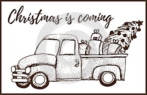 Merry Christmas and Happy New Year Postcard or Poster or Flyer template with retro pickup truck with christmas tree