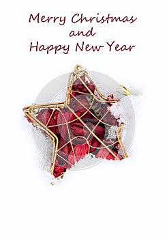 Merry Christmas and happy New year postcard with red star on white snow texture background