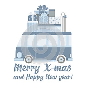 Merry Christmas and Happy New Year Postcard template. Vector illustration with cute colorful car with gift box and slogan in