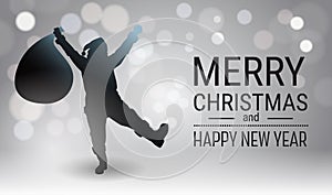 Merry Christmas And Happy New Year Poster Background With Silhouette Black Snata Claus Holida Present Bag